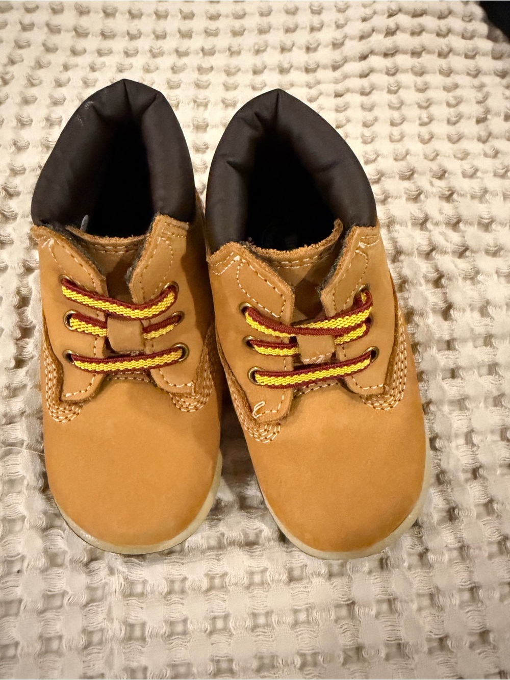 Timberland Wheat Brown Kids Boots with Black Collar and Yellow-Red Laces